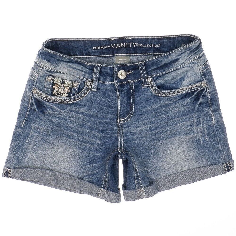 Vanity Shorts Womens Size 27 Blue Original Cuffed Embroidered Measures W28